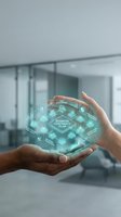 Hands holding holographic business continuity plan with digital icons in modern office environment for corporate strategy and disaster recovery planning.