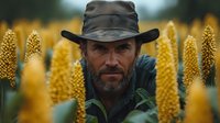 Bearded middle-aged Caucasian farmer in hat examining yellow grain sorghum crop field during harvest season, agricultural production concept.