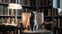 Gray cat sitting upright on a leather armchair in a cozy home library with bookshelves and a desk lamp glowing softly.