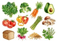 Assorted fresh vegetables and whole grain bread isolated on white background, including lettuce, broccoli, carrots, avocado, tomatoes, peppers, asparagus, mushrooms, radishes, chickpeas and parsley for healthy eating and nutrition design.
