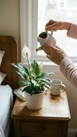 Woman watering peace lily houseplant with small green watering can on wooden nightstand by sunny window in cozy bedroom interior for plant care.
