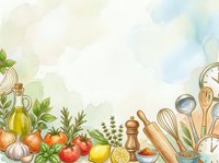 Watercolor kitchen background with vegetables, herbs, olive oil, and cooking utensils, featuring copy space for culinary designs.