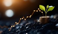 Young green plant sprouting from stack of coins in rich soil with golden growth chart showing financial success and investment returns in background.