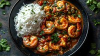 Spicy shrimp curry with steamed white rice garnished with fresh herbs, served in dark bowl. Rich tomato-based sauce with tender prawns creates appetizing meal.