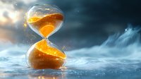 Glowing hourglass with flowing golden sand against dramatic cloudy sky background, symbolizing time passage and urgency in business concept.