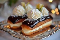 Chocolate glazed eclairs topped with whipped cream rosettes and garnished with pistachios on vintage silver platter, soft bokeh lights in background.