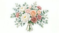 Wedding bouquet with blush pink roses, white peonies and eucalyptus leaves isolated on white background for bridal design and romantic decorations.