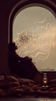 Mystical bedroom window view with glowing sacred geometry patterns and swirling light energy creating magical atmosphere for meditation and spiritual wellness.