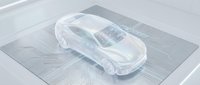 Futuristic transparent car with holographic display on digital circuit board platform showcasing automotive technology and smart vehicle innovation concepts.
