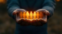 Hands holding glowing human figures symbolizing teamwork, leadership, and human resources management in business concept. Dark atmospheric background.