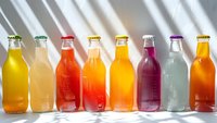 Colorful glass bottles with refreshing drinks casting dramatic shadows, perfect for beverage advertising, summer refreshment concepts, and food industry marketing materials.