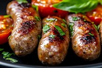 Grilled sausages with fresh herbs and roasted cherry tomatoes on black plate, close up macro food photography with selective focus.