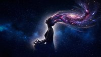 Woman meditating in cosmic space with galaxy hair flowing through starry universe background. Spiritual awakening and mindfulness concept for wellness design.
