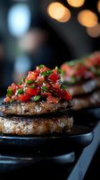 Grilled meat patties topped with fresh tomato and herb salsa on dark plate with bokeh background, restaurant food photography.