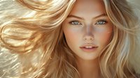 Young blonde woman with flowing hair and natural makeup in warm sunlight, glowing skin and blue eyes looking directly at camera with gentle expression.