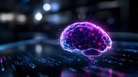 Glowing neon brain with purple and blue light effects floating over digital matrix background, representing artificial intelligence and neural networks.