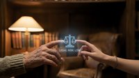 Senior lawyer and young client hands reaching toward glowing justice scales hologram in traditional law office setting for legal consultation.