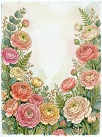 Watercolor ranunculus flowers frame with green foliage on textured paper background. Floral border design for wedding invitations and greeting cards.