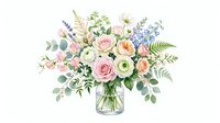 Watercolor floral bouquet in a glass vase with pastel roses, ranunculus, and greenery, isolated on white background, ready for design use.