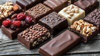 Assorted luxury chocolate bars with nuts, dried fruits and different toppings arranged on dark wooden background. Gourmet confectionery and sweet treats.