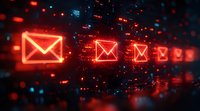 Glowing red email envelope icons in diminishing perspective with digital particles, representing electronic communication and message delivery in cyberspace.