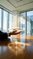 Businessman holding glowing architectural hologram above wooden desk in modern office with city skyline view through floor-to-ceiling windows, representing real estate development and digital innovation.