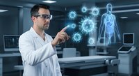 Male doctor in white coat interacting with holographic virus molecules and human anatomy display in modern medical laboratory for healthcare technology research.