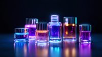 Glowing glass bottles with colorful neon liquids arranged in row on dark background create mystical laboratory atmosphere with purple and blue illumination.