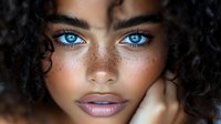 Close-up portrait of young woman with striking blue eyes, curly dark hair, and freckles across nose and cheeks, showing natural beauty against dark background.