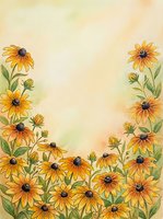 Watercolor black-eyed Susan flowers framing a warm golden background, creating a floral border with copy space for text or design.