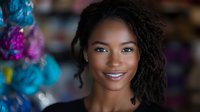 Young African American woman with dreadlocks smiling warmly at camera in colorful retail store environment with vibrant merchandise display in background.