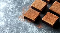 Dark chocolate squares dusted with cocoa powder arranged on gray stone background with dramatic lighting and deep shadows creating luxurious mood.