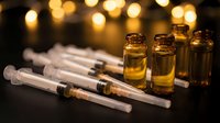 Medical vials with amber liquid and syringes on dark surface with warm bokeh lights creating atmospheric healthcare laboratory setting.