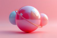 Abstract geometric composition with glossy pink and blue spheres and metallic ring on pink background. Minimal modern design concept for presentations and branding.