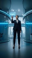 Professional businesswoman interacting with holographic FAQ and Q&A interface in futuristic office environment for customer service technology concepts.