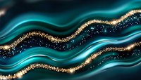 Flowing teal waves with golden glitter particles create elegant abstract background for luxury design projects and premium branding materials.