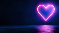 Glowing neon pink heart shape reflected on dark water surface with vibrant purple and blue colors creating romantic atmospheric night scene.