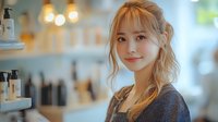 Young Asian woman with blonde hair smiling in beauty salon with soft bokeh background and product shelves, conveying warmth and customer satisfaction.