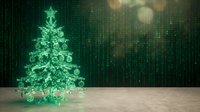 Digital Christmas tree made of green matrix code with ornaments and star on wooden floor against cyber background for holiday tech designs.