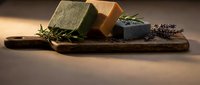 Artisan soap bars with natural herbs on rustic wooden board, organic skincare products for spa and wellness treatments, handmade cosmetics display.