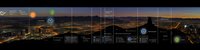 Aerial cityscape at dusk with digital interface overlay showing data analytics, smart city technology, and urban infrastructure monitoring for business intelligence applications.