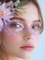 Close up portrait with pink glitter makeup around eyes, delicate flowers in hair, soft natural lips and dreamy ethereal atmosphere for beauty and fashion concepts.