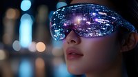 Young Asian woman wearing futuristic smart glasses with city reflection showing virtual reality interface against blurred night cityscape background.