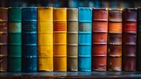 Row of vintage leather-bound books in various colors including turquoise, yellow, and burgundy on wooden shelf, creating nostalgic library atmosphere.