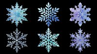 Six detailed snowflakes in blue and purple tones, isolated on transparent background, ready for stickers, T-shirt design, sublimation, clipart, and print on demand use.