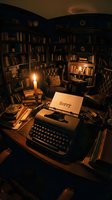 Vintage typewriter with sorry note on paper, candlelit dark library, old books, leather armchair, moody retro writing room atmosphere.