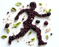 Running figure made from fresh blackberries and currants on white background with mint leaves and nuts, creative food composition for healthy lifestyle concept.