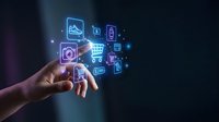 Hand touching glowing digital icons representing modern technology, social media, communication and business applications on dark background.