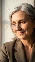Mature woman with gray hair wearing olive blazer, smiling warmly near window with natural light, suitable for corporate, business, and professional portraits.