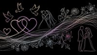 Wedding line art with romantic couples, doves, hearts and floral elements on dark background for invitations, cards and celebration designs.